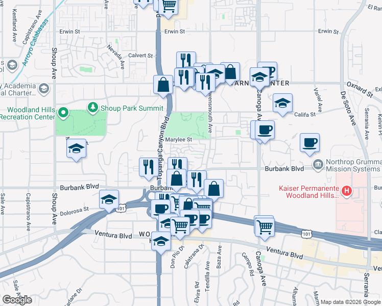 map of restaurants, bars, coffee shops, grocery stores, and more near 21800 Marylee Street in Los Angeles