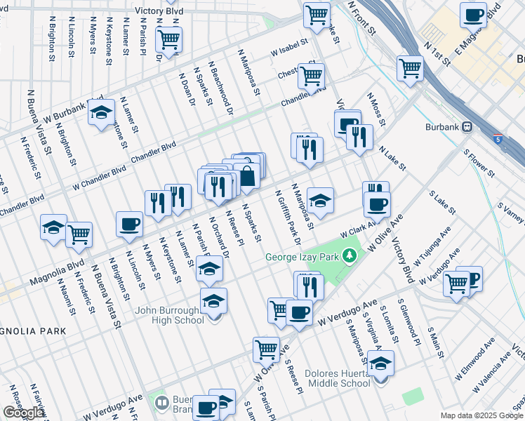 map of restaurants, bars, coffee shops, grocery stores, and more near 421 North Beachwood Drive in Burbank