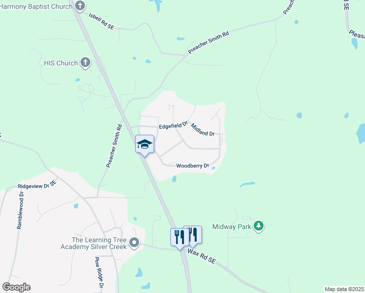 map of restaurants, bars, coffee shops, grocery stores, and more near 12 Fairfield Way in Silver Creek