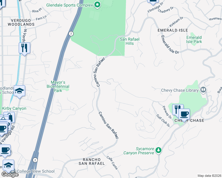 map of restaurants, bars, coffee shops, grocery stores, and more near 1515 Belleau Road in Glendale
