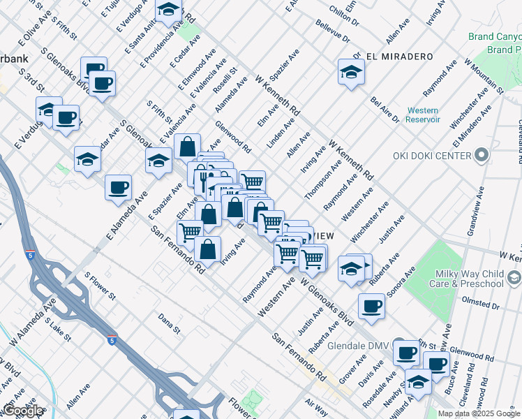 map of restaurants, bars, coffee shops, grocery stores, and more near 1141 Irving Avenue in Glendale