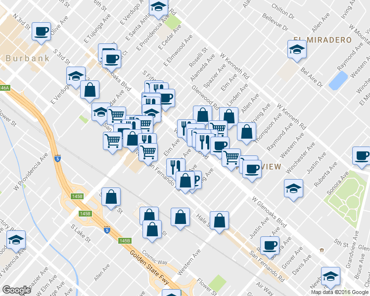 map of restaurants, bars, coffee shops, grocery stores, and more near 1060 Elm Avenue in Glendale