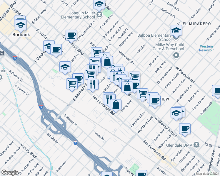 map of restaurants, bars, coffee shops, grocery stores, and more near 1060 Elm Avenue in Glendale
