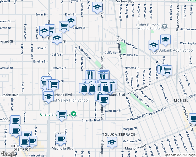 map of restaurants, bars, coffee shops, grocery stores, and more near 5721 Cahuenga Boulevard in Los Angeles
