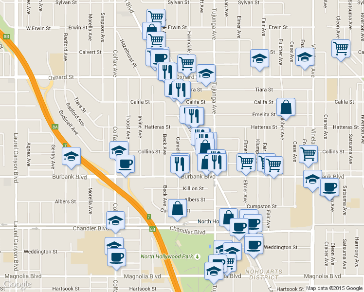 map of restaurants, bars, coffee shops, grocery stores, and more near 11475 Collins Street in Los Angeles