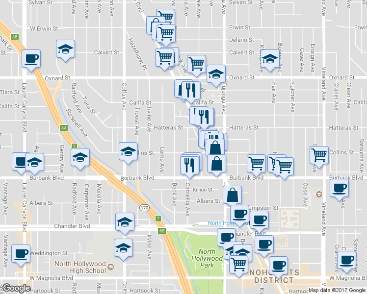 map of restaurants, bars, coffee shops, grocery stores, and more near 5718 Beck Avenue in Los Angeles