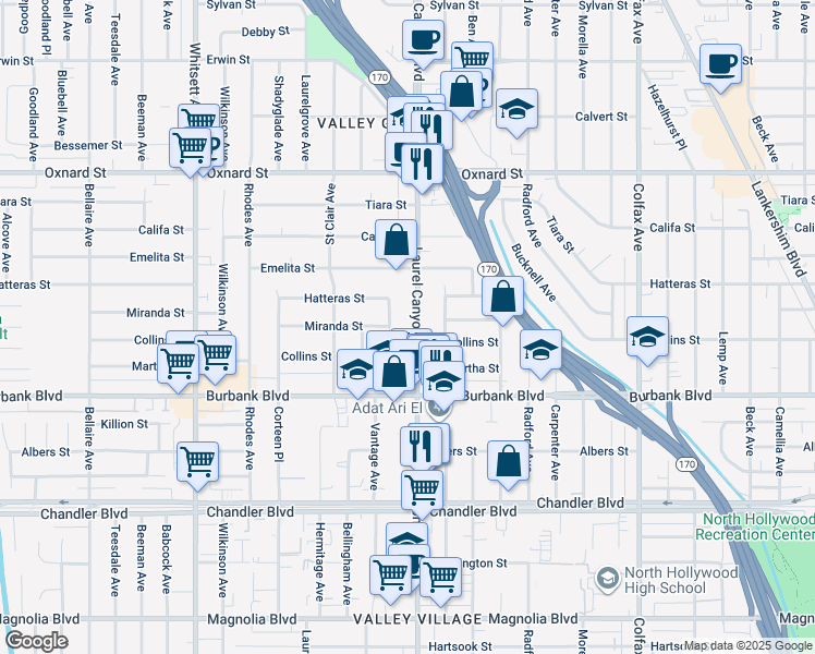 map of restaurants, bars, coffee shops, grocery stores, and more near 5726 Laurel Canyon Boulevard in Los Angeles