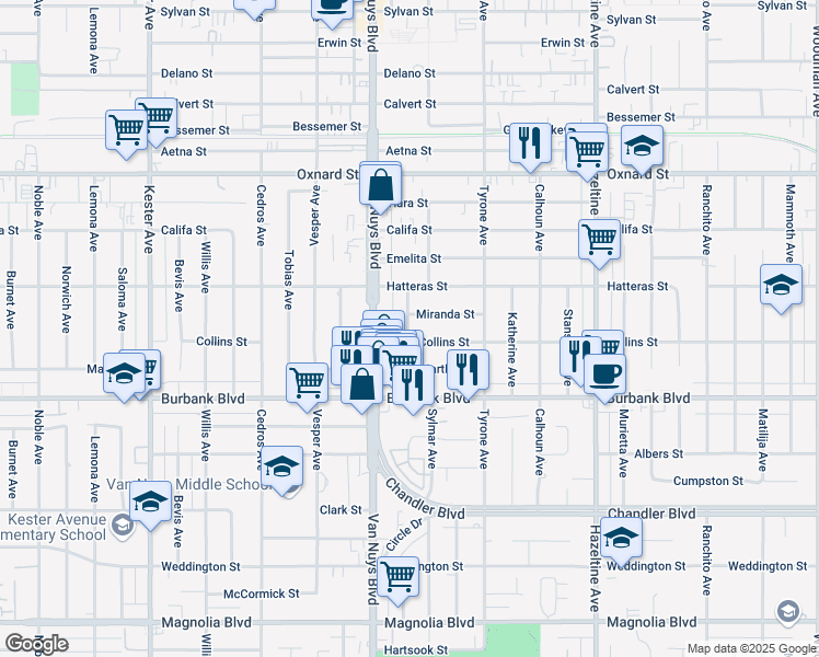 map of restaurants, bars, coffee shops, grocery stores, and more near 5719 Tilden Avenue in Los Angeles