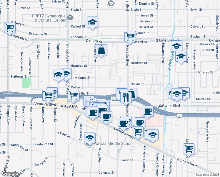 map of restaurants, bars, coffee shops, grocery stores, and more near 18618 Collins Street in Los Angeles