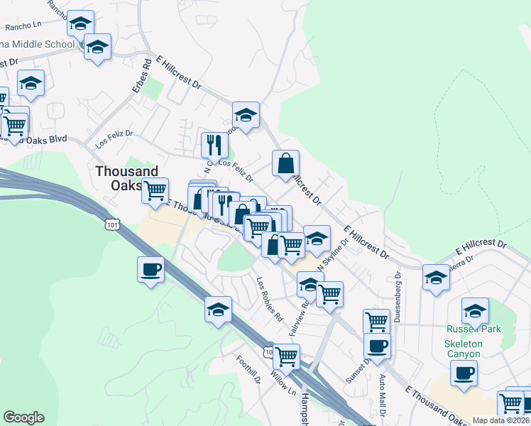 map of restaurants, bars, coffee shops, grocery stores, and more near 136 North Oakview Drive in Thousand Oaks
