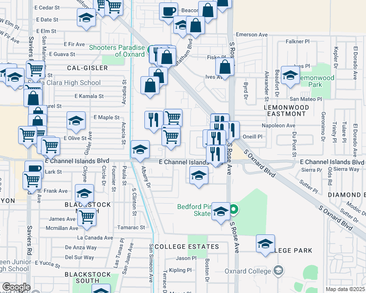 map of restaurants, bars, coffee shops, grocery stores, and more near in Oxnard