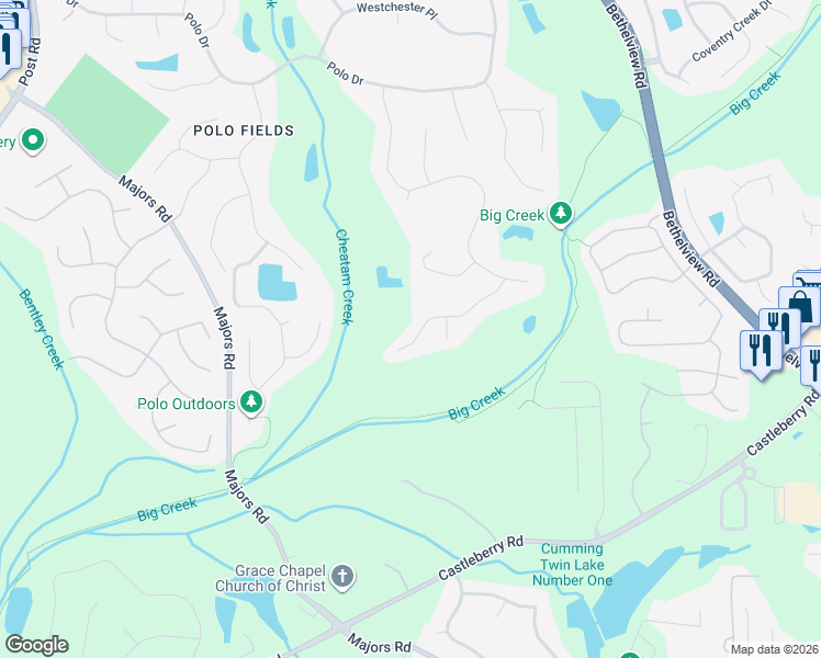 map of restaurants, bars, coffee shops, grocery stores, and more near 7045 Wakehurst Place in Cumming