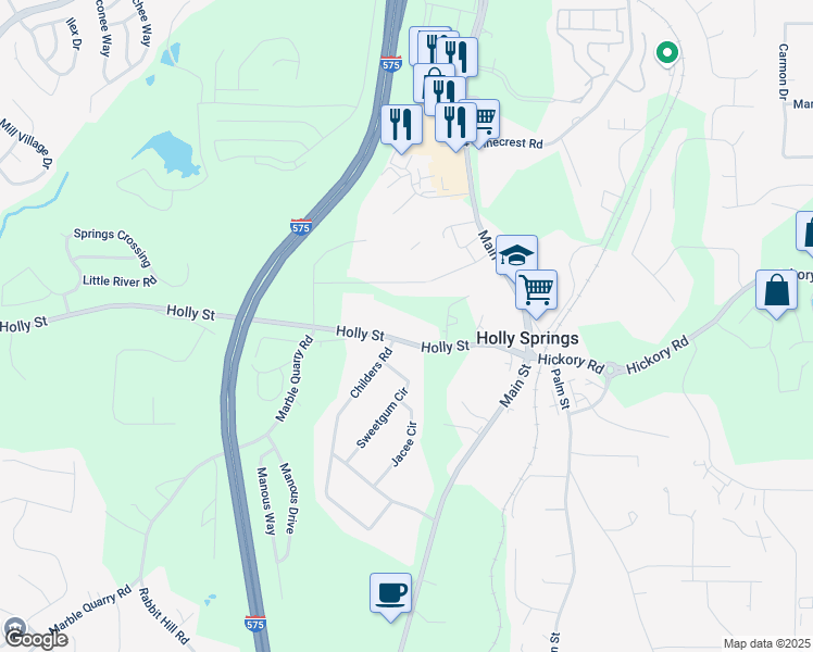 map of restaurants, bars, coffee shops, grocery stores, and more near 3007 Holly Street in Holly Springs