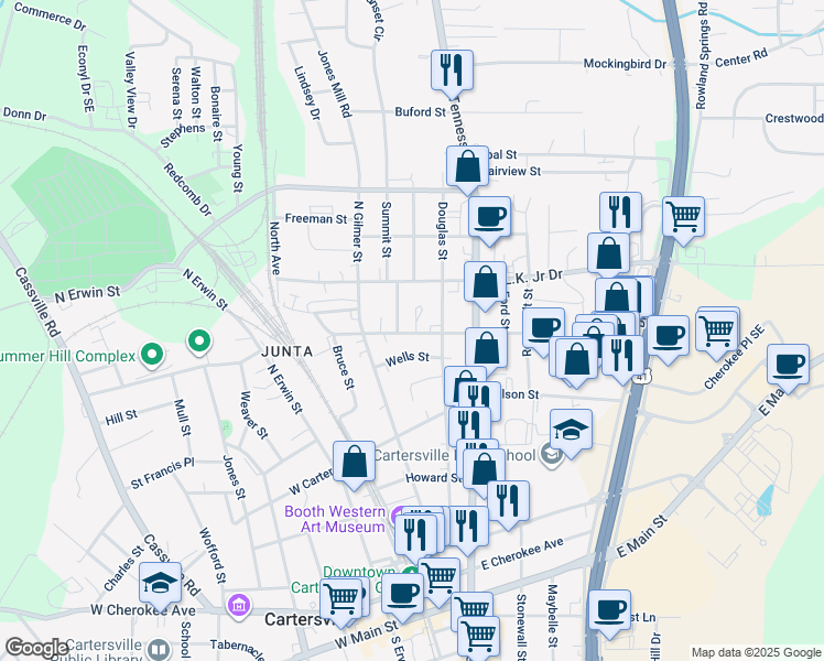 map of restaurants, bars, coffee shops, grocery stores, and more near 4 Collins Street in Cartersville