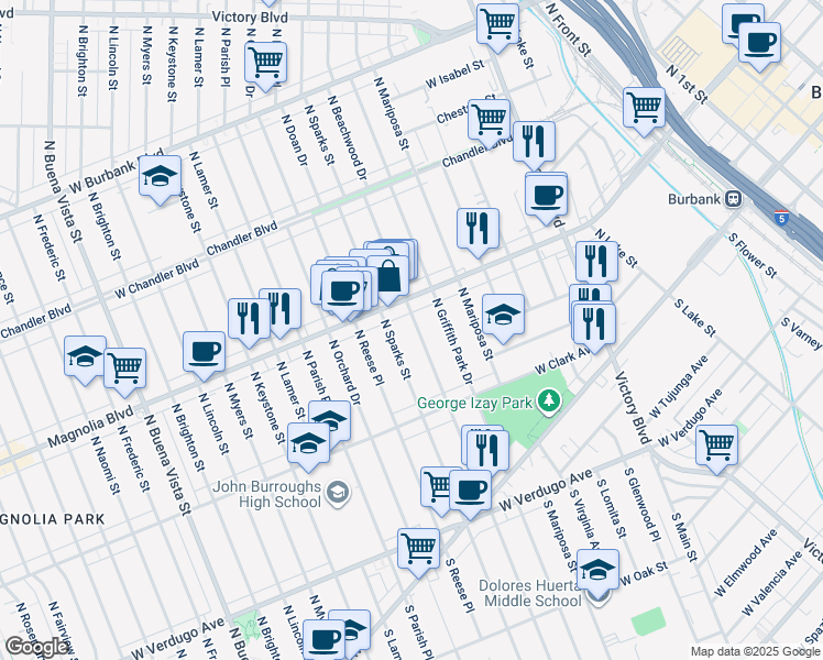 map of restaurants, bars, coffee shops, grocery stores, and more near 421 North Beachwood Drive in Burbank