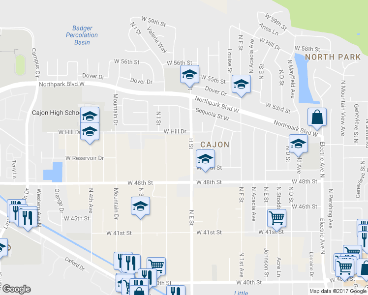 map of restaurants, bars, coffee shops, grocery stores, and more near 5066 North E Street in San Bernardino County