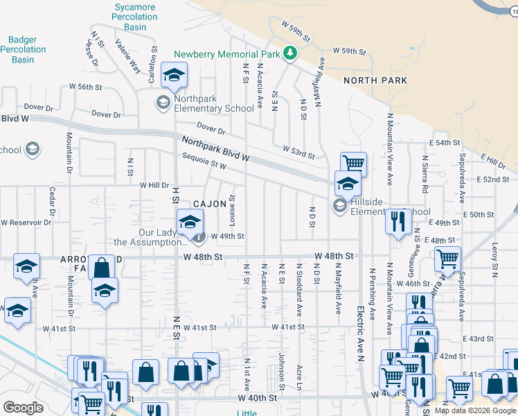 map of restaurants, bars, coffee shops, grocery stores, and more near 4996 North Acacia Avenue in San Bernardino