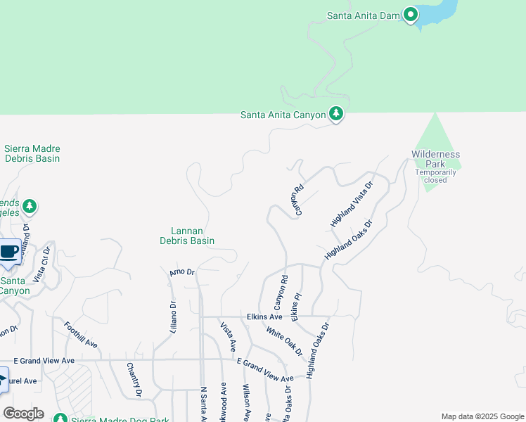 map of restaurants, bars, coffee shops, grocery stores, and more near 2131 Canyon Road in Arcadia