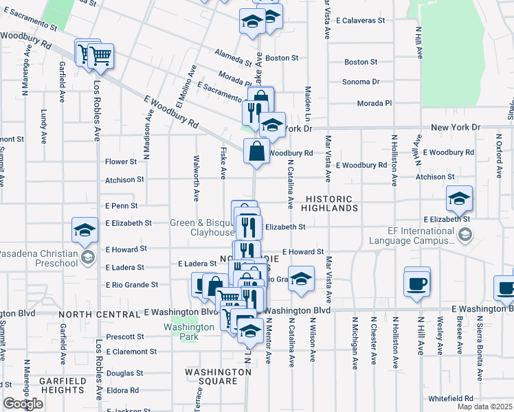 map of restaurants, bars, coffee shops, grocery stores, and more near 918 East Topeka Street in Pasadena