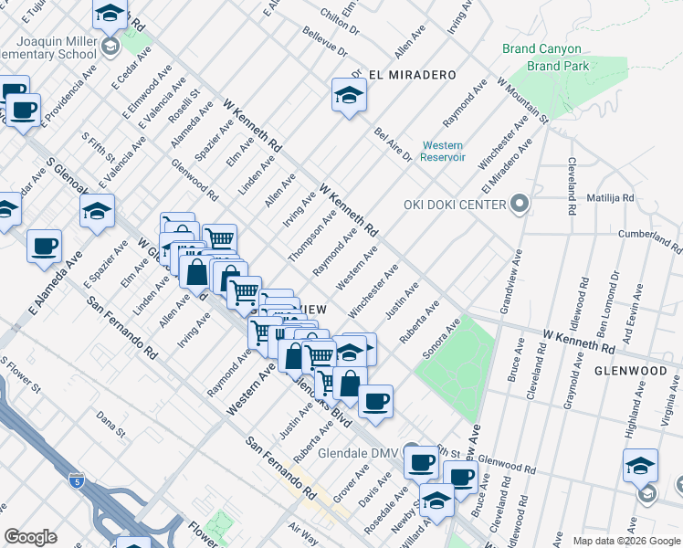 map of restaurants, bars, coffee shops, grocery stores, and more near 1227 Western Avenue in Glendale