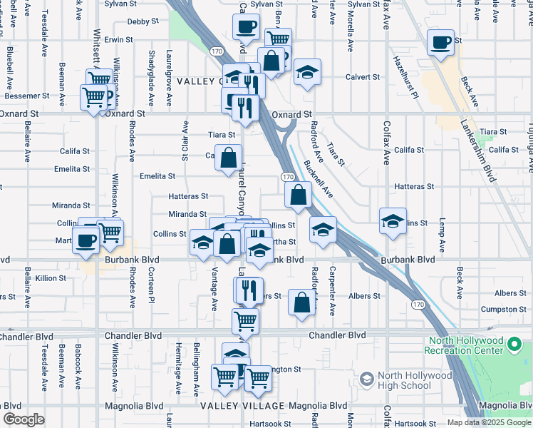 map of restaurants, bars, coffee shops, grocery stores, and more near 12022 Miranda Street in Los Angeles