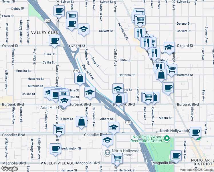 map of restaurants, bars, coffee shops, grocery stores, and more near 5711 Simpson Avenue in Los Angeles