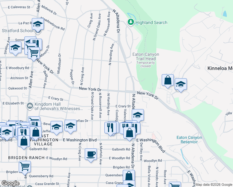 map of restaurants, bars, coffee shops, grocery stores, and more near 1645 Coolidge Avenue in Pasadena