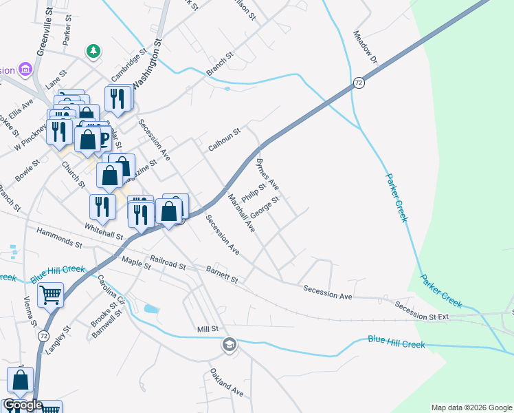 map of restaurants, bars, coffee shops, grocery stores, and more near 107 George Street in Abbeville