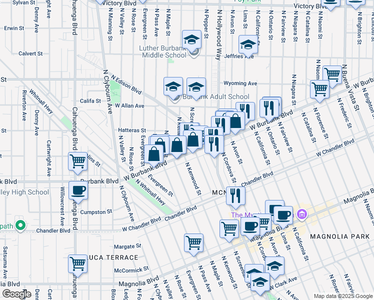 map of restaurants, bars, coffee shops, grocery stores, and more near 3801 West Burbank Boulevard in Burbank