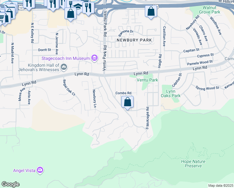 map of restaurants, bars, coffee shops, grocery stores, and more near 1380 Combs Road in Thousand Oaks