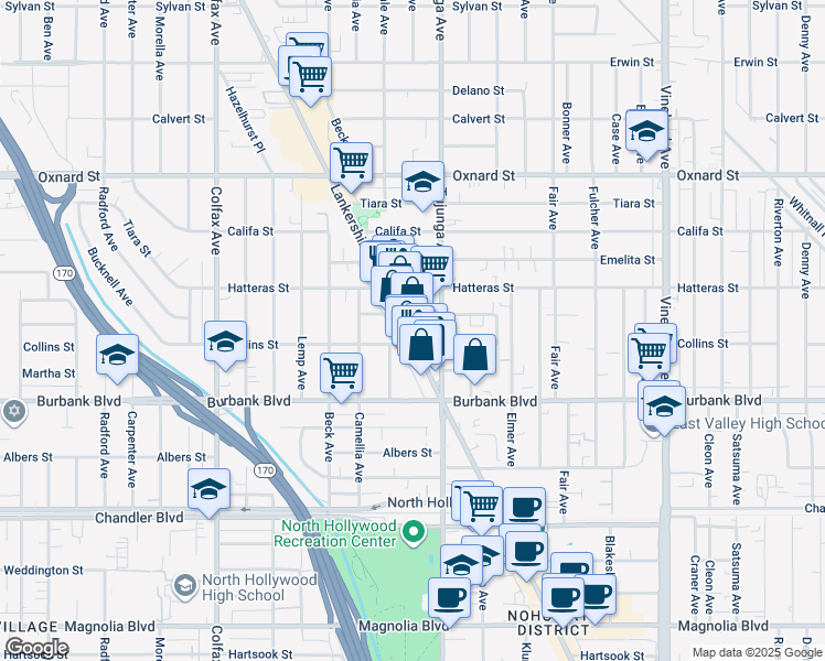 map of restaurants, bars, coffee shops, grocery stores, and more near 5714 Lankershim Boulevard in Los Angeles