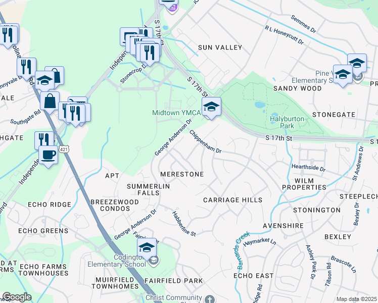 map of restaurants, bars, coffee shops, grocery stores, and more near 3877 Merestone Drive in Wilmington