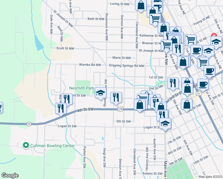 map of restaurants, bars, coffee shops, grocery stores, and more near 201 Morgan Avenue Northwest in Cullman