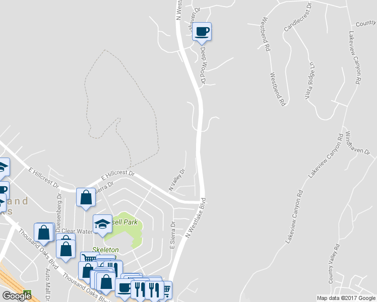 map of restaurants, bars, coffee shops, grocery stores, and more near 796 North Valley Drive in Westlake Village
