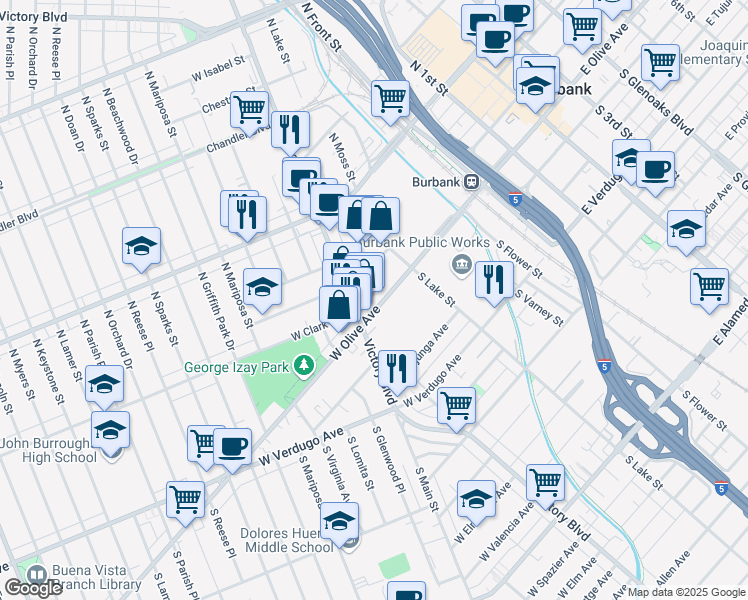map of restaurants, bars, coffee shops, grocery stores, and more near 239 West Olive Avenue in Burbank