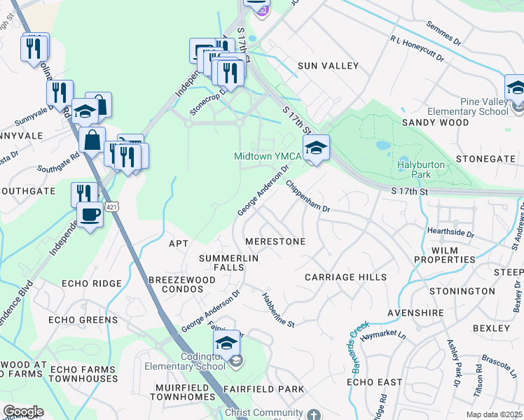 map of restaurants, bars, coffee shops, grocery stores, and more near 3701 Merestone Drive in Wilmington