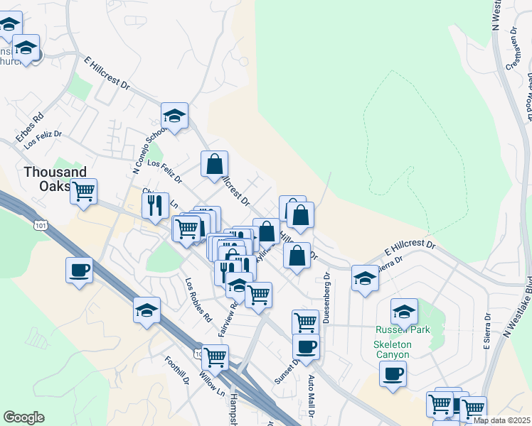 map of restaurants, bars, coffee shops, grocery stores, and more near 309 Eric Place in Thousand Oaks