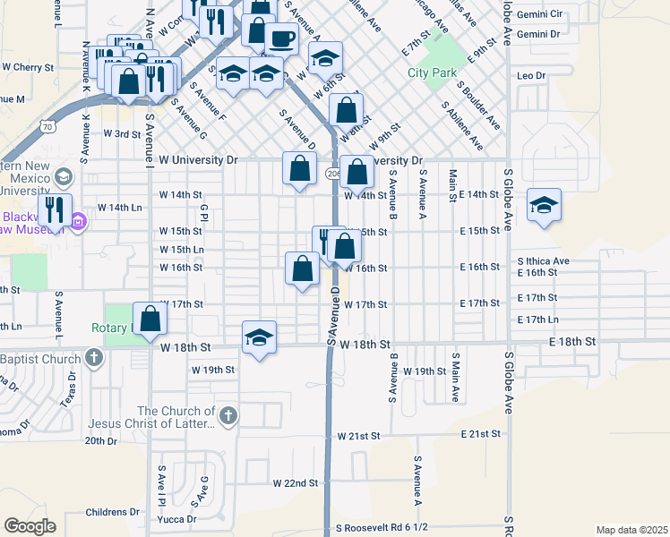 map of restaurants, bars, coffee shops, grocery stores, and more near 400 West 16th Street in Portales
