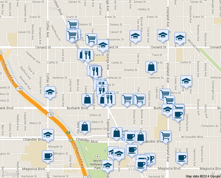 map of restaurants, bars, coffee shops, grocery stores, and more near 11342 Miranda Street in Los Angeles