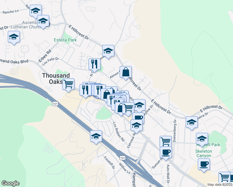 map of restaurants, bars, coffee shops, grocery stores, and more near 136 North Oakview Drive in Thousand Oaks