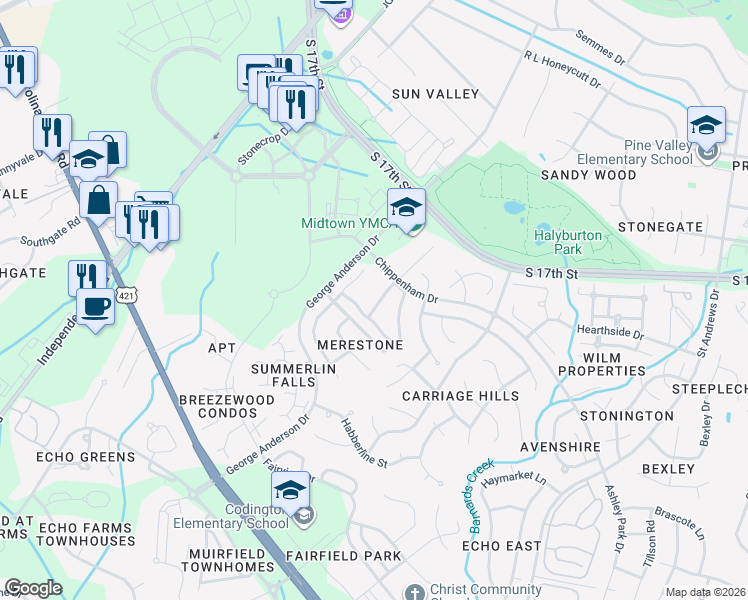 map of restaurants, bars, coffee shops, grocery stores, and more near 3669 Merestone Drive in Wilmington