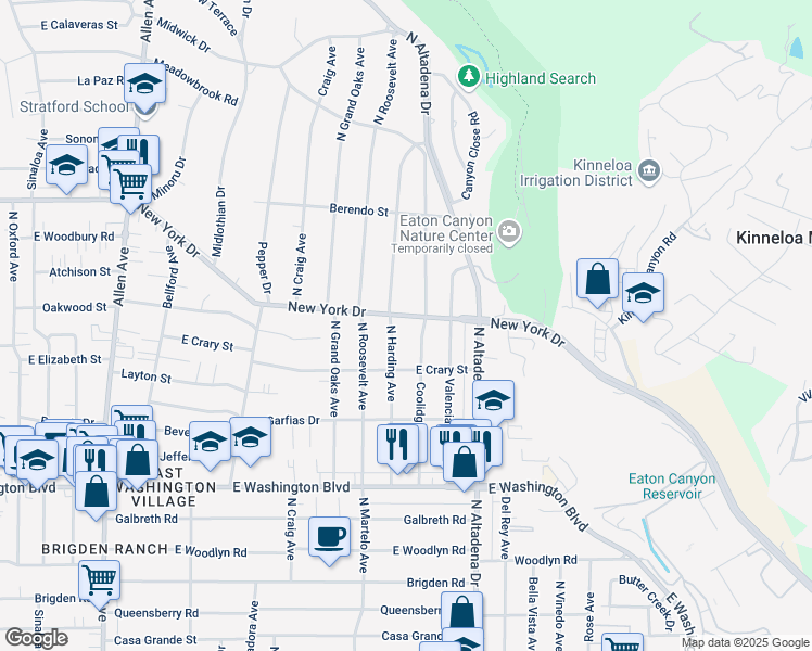 map of restaurants, bars, coffee shops, grocery stores, and more near 2482 New York Drive in Altadena