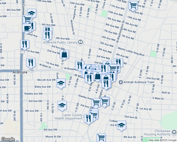 map of restaurants, bars, coffee shops, grocery stores, and more near 220 West Broadway Street in Ardmore