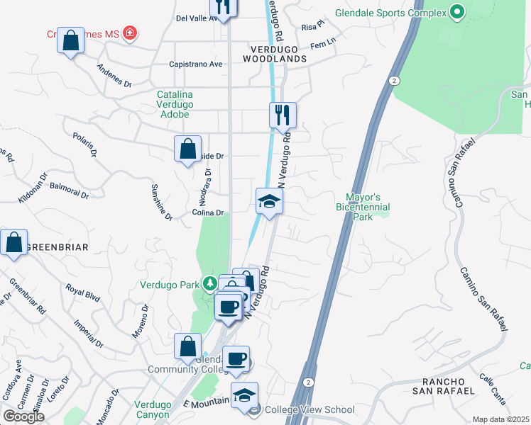 map of restaurants, bars, coffee shops, grocery stores, and more near 1765 North Verdugo Road in Glendale