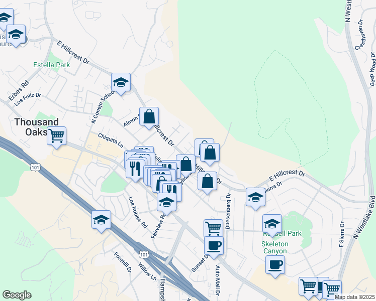 map of restaurants, bars, coffee shops, grocery stores, and more near Eric Place in Thousand Oaks