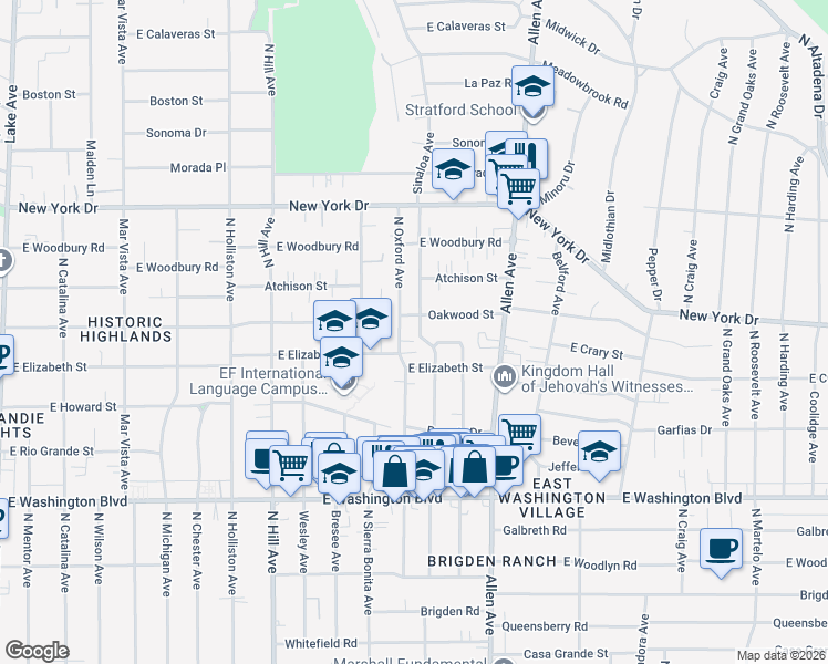 map of restaurants, bars, coffee shops, grocery stores, and more near 1649 Sinaloa Avenue in Pasadena