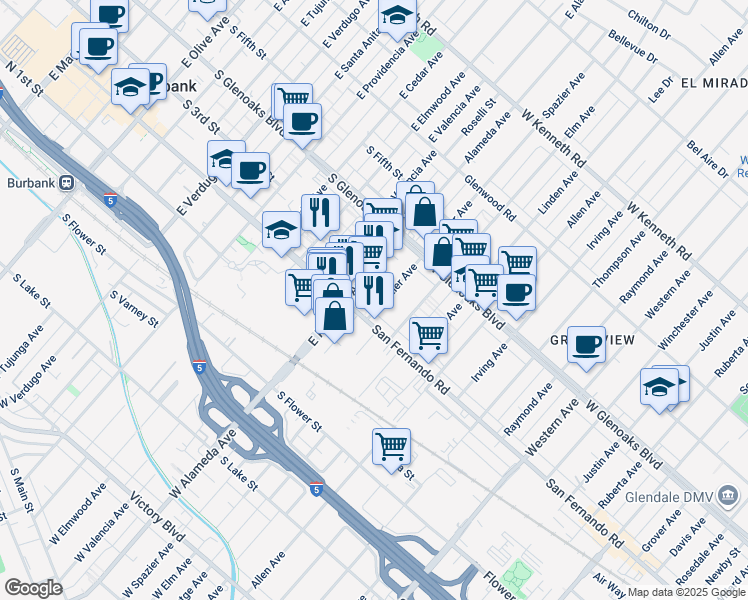 map of restaurants, bars, coffee shops, grocery stores, and more near 1028 South San Fernando Boulevard in Burbank