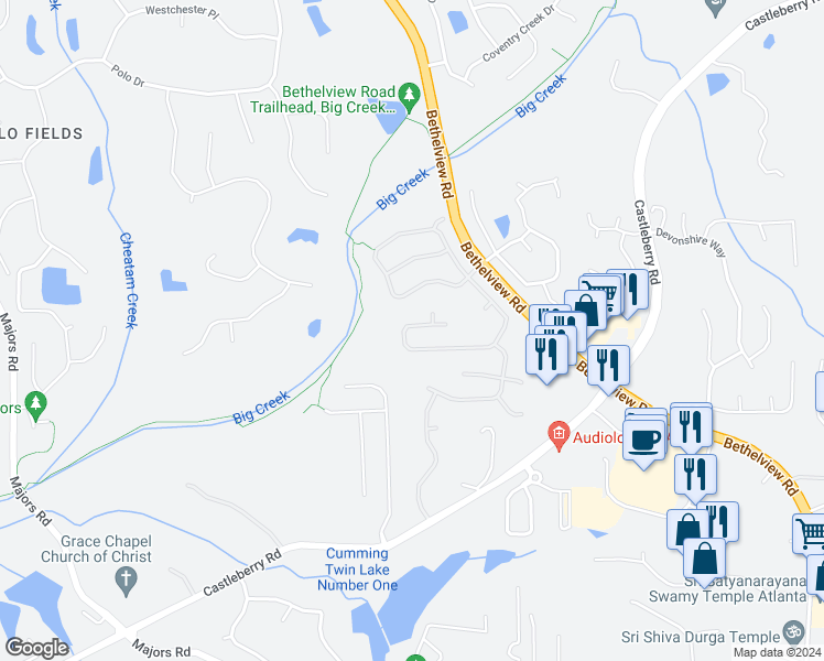map of restaurants, bars, coffee shops, grocery stores, and more near 6020 Falls Landing Drive in Cumming