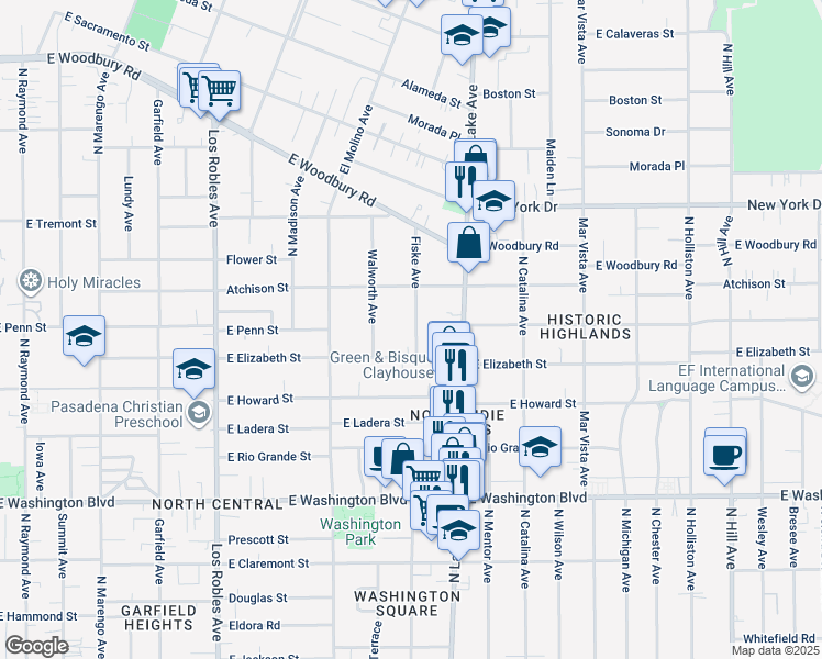 map of restaurants, bars, coffee shops, grocery stores, and more near 1665 Fiske Avenue in Pasadena