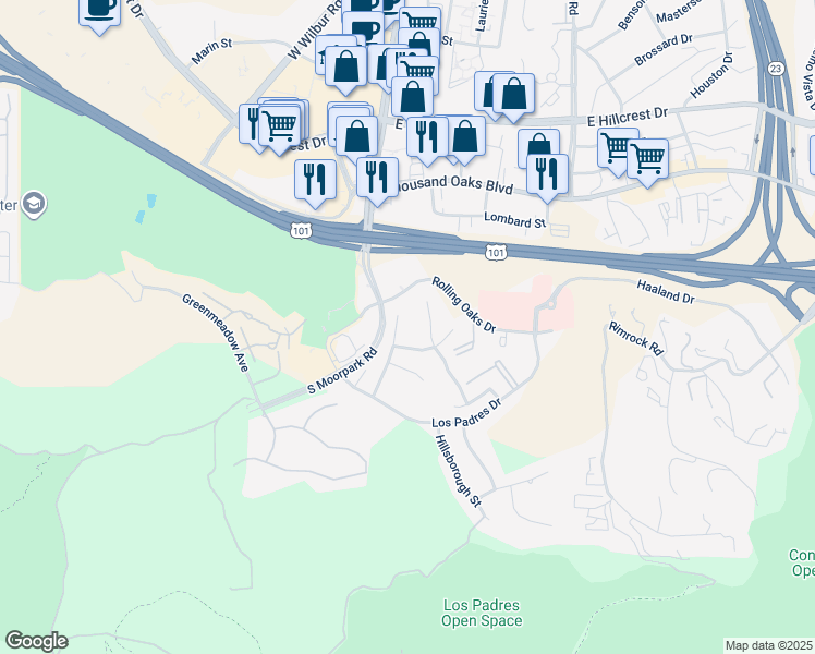 map of restaurants, bars, coffee shops, grocery stores, and more near 270 Fox Hills Drive in Thousand Oaks